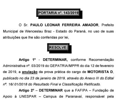 Justiça pede anulação de parte do concurso público de Wenceslau Braz