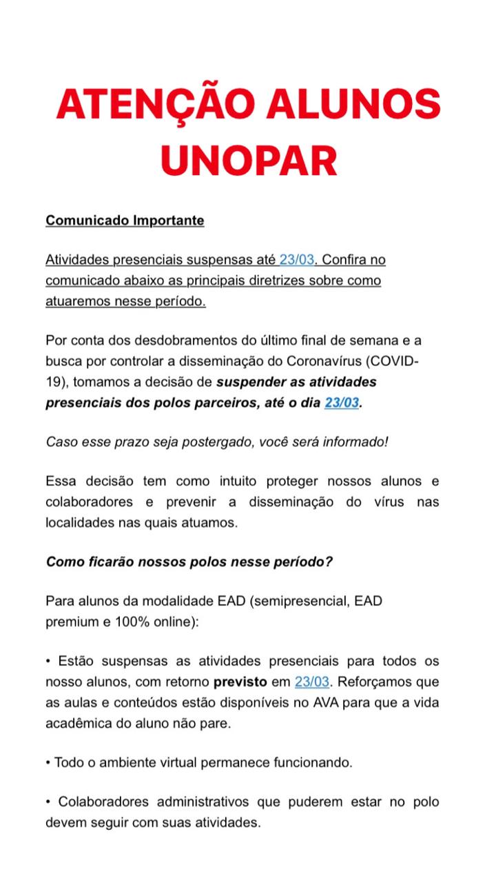 Unopar confirma suspensão das aulas até o dia 23 de março