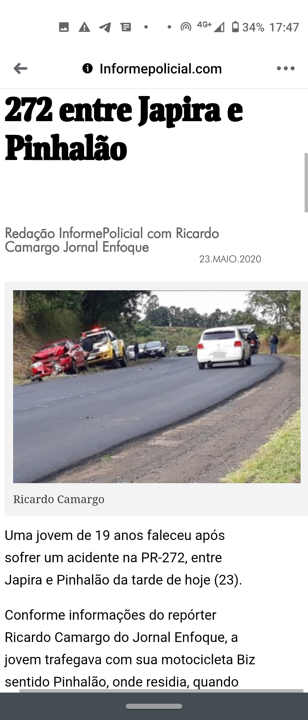 Acidente entre Pinhalão e Japira mata jovem de 19 anos