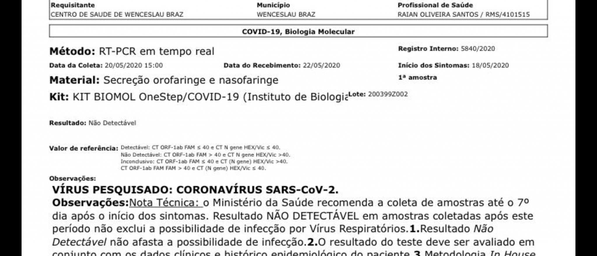Exame de enfermeiro de Wenceslau Braz da negativo para a Covid-19