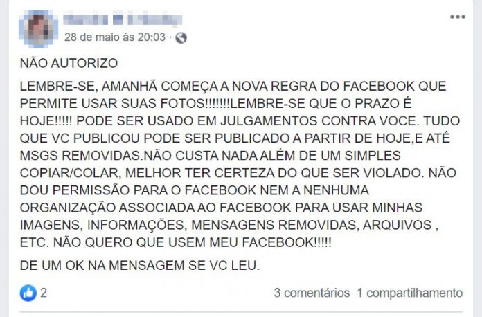 Fake News do “Não Autorizo” do Facebook reaparece na rede social
