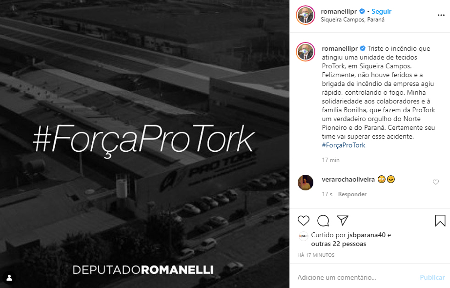 Romanelli posta mensagem de solidariedade aos funcionários e donos da Pro Tork