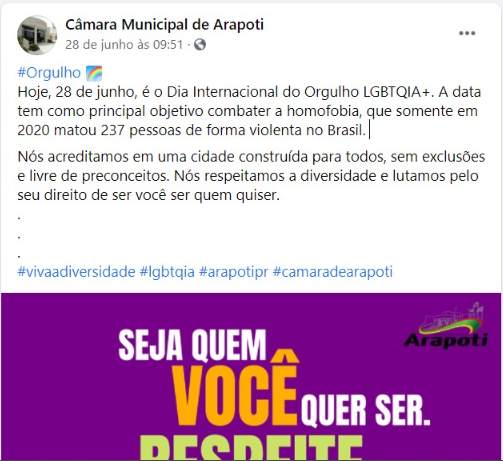Presidente da Câmara de Vereadores de Arapoti fala sobre ataques homofóbicos nas redes sociais
