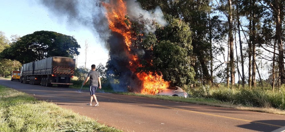 Carro bate em árvore e é destruído pelo fogo na PR-092