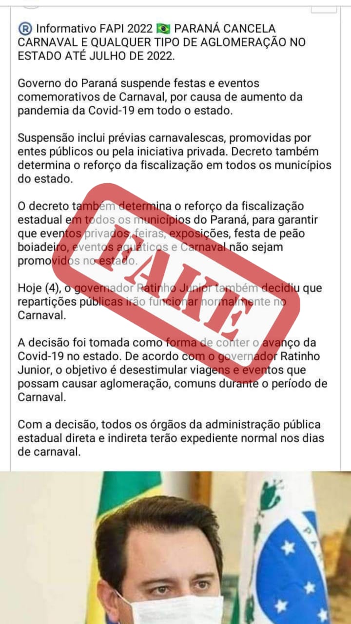 Post de Ratinho Jr cancelando o carnaval 2022 no Paraná é Fake