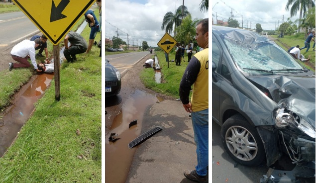 Motociclista fica em estado grave após colisão com carro e ser arremessado em uma canaleta