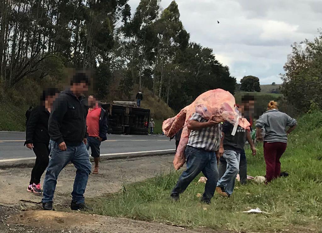 Multidão saqueia toneladas de carne bovina na PR-092 em W. Braz