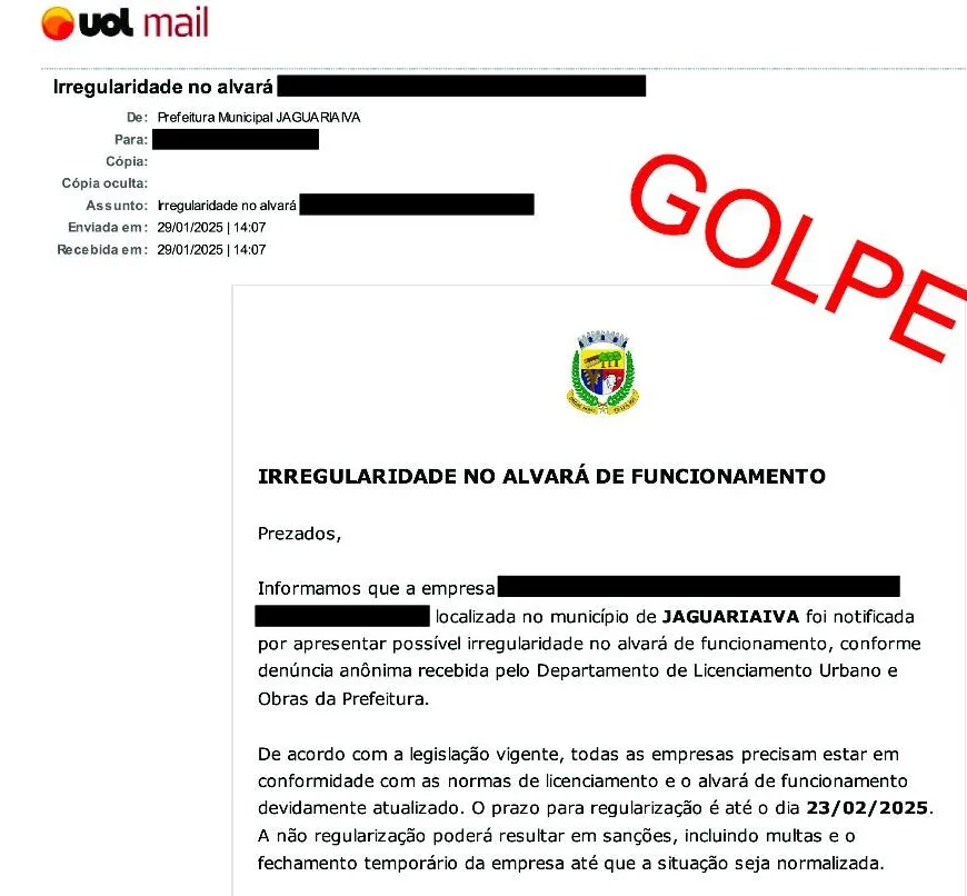 Criminosos utilizam nome da prefeitura para aplicar golpes em Jaguariaíva