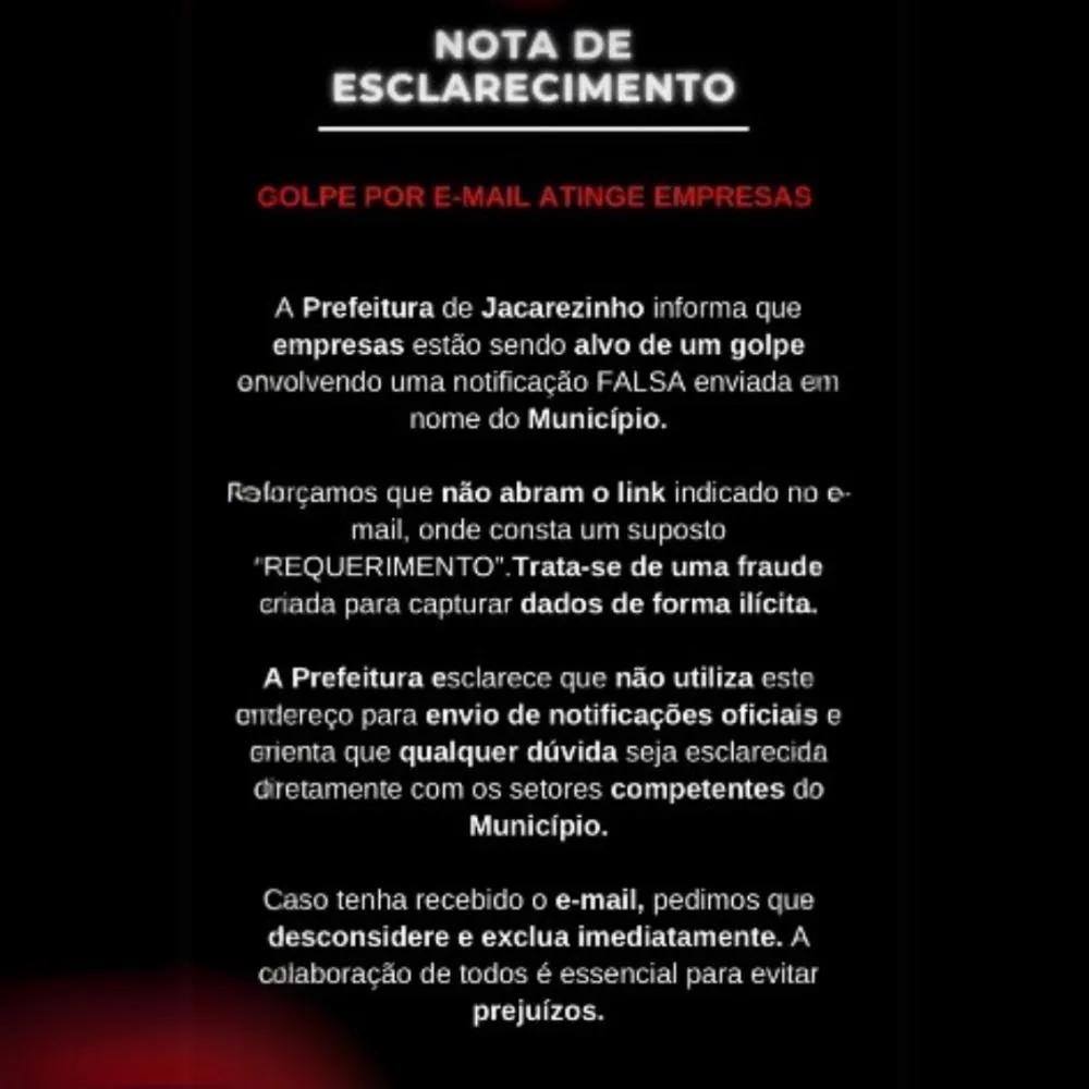 Jacarezinho alerta empresas sobre golpe envolvendo o nome da prefeitura