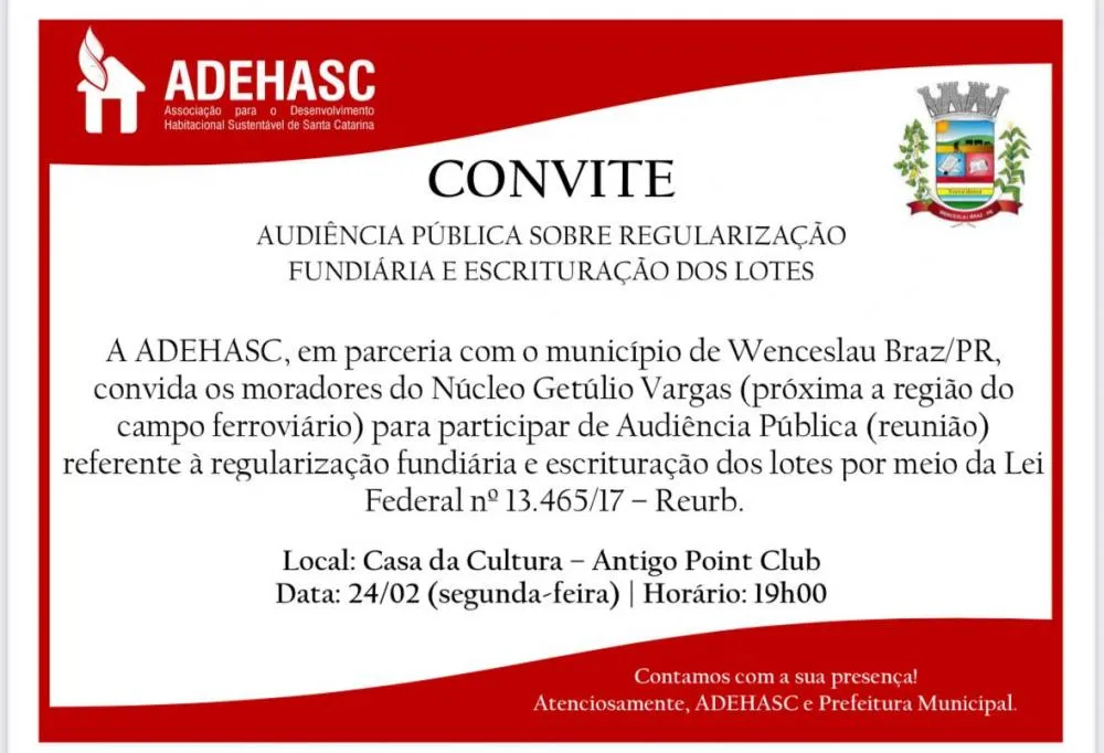 ADEHASC vai realizar audiência pública em Wenceslau Braz para regularização fundiária e escrituração de lotes