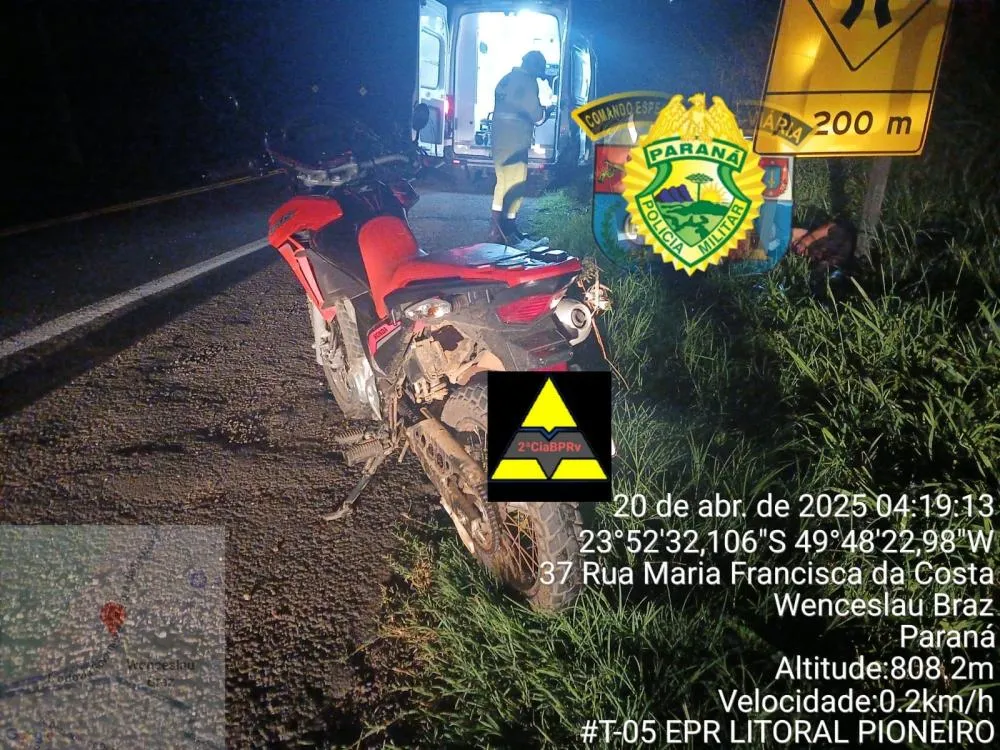 Queda de moto deixa dois feridos na PR092 em Wenceslau Braz
