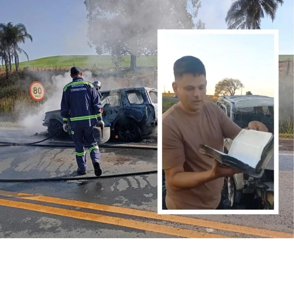 Homem faz vídeo e mostra bíblia intacta após carro destruído por incêndio na PR-092, em Arapoti