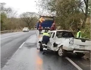 Idoso fica ferido após caminhonete sair da pista e atingir árvore