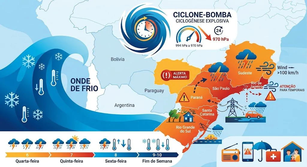Ciclone-bomba avança sobre o Brasil e pode provocar ventos acima de 100 km/h no Sul